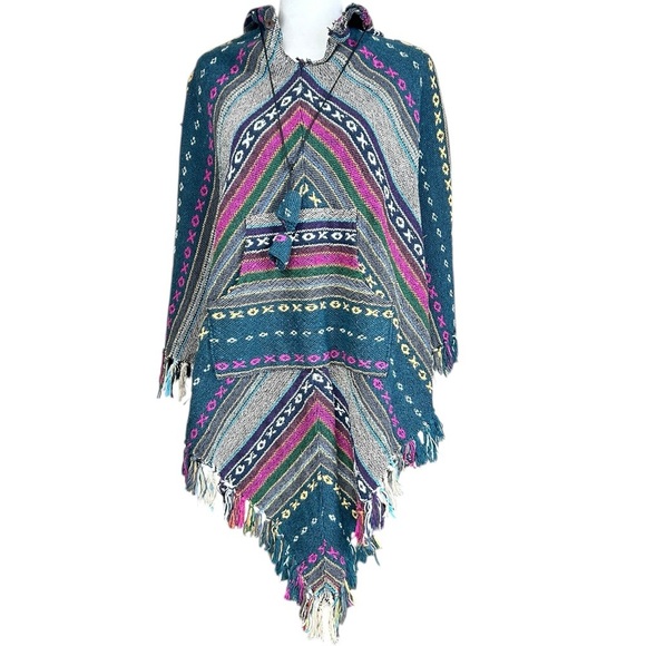 BoHo Wool Poncho Hooded Cape Handmade Hippie India Festival Unisex X's O's - Picture 1 of 16